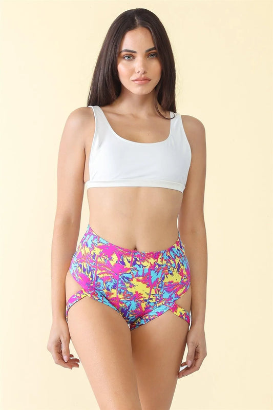 Multicolor Printed High Waist Strap Swim Shorts - Tasha Apparel Wholesale