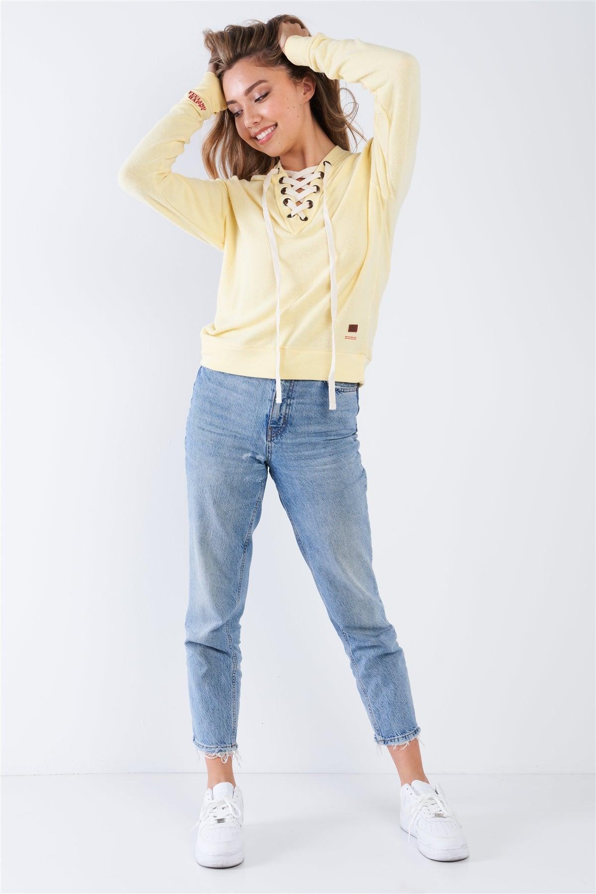 Pale Banana Long Sleeve Lace Up Front Top