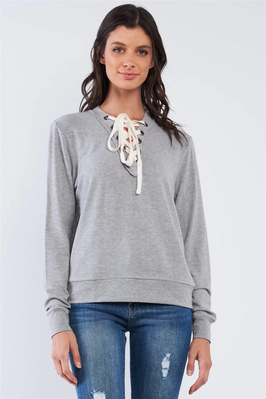Heather Grey Casual Long Sleeve Lace Up Front Detail Top /2-2 - Tasha Apparel Wholesale