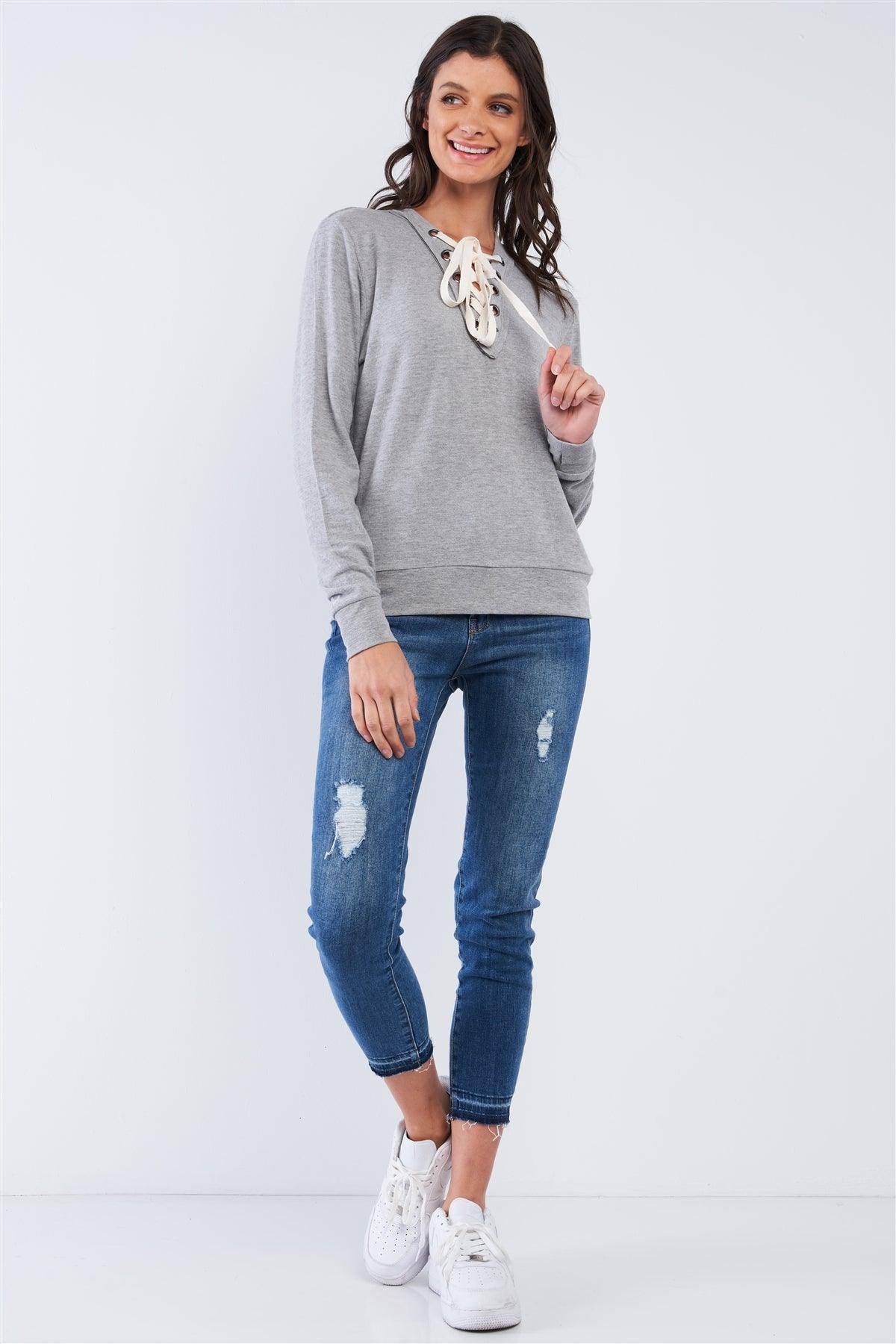 Heather Grey Casual Long Sleeve Lace Up Front Detail Top /2-2