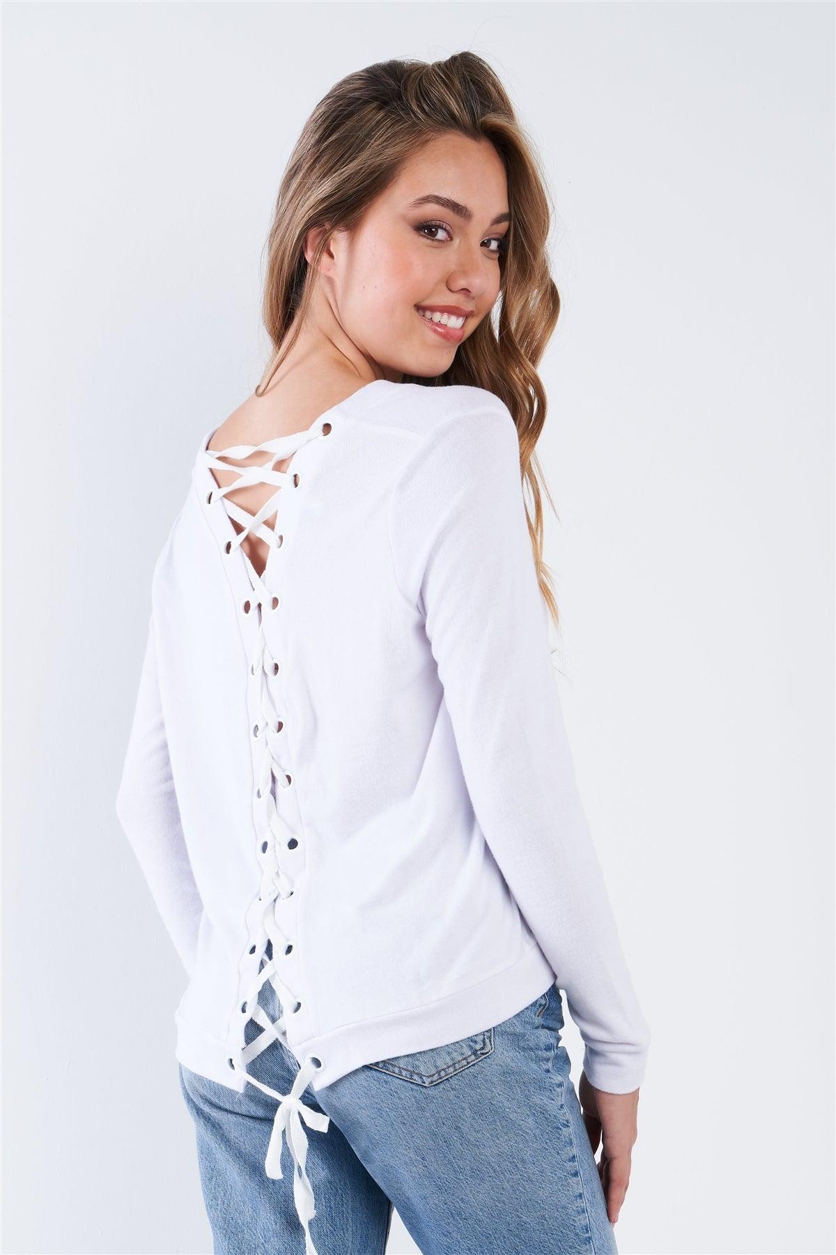White Long Sleeve Scoop Neck Lace Up Back Top