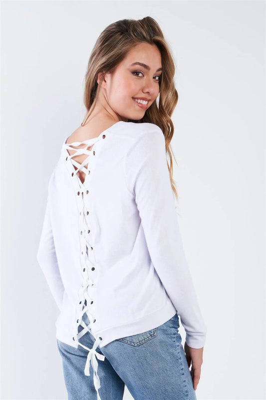 White Long Sleeve Scoop Neck Lace Up Back Top - Tasha Apparel Wholesale