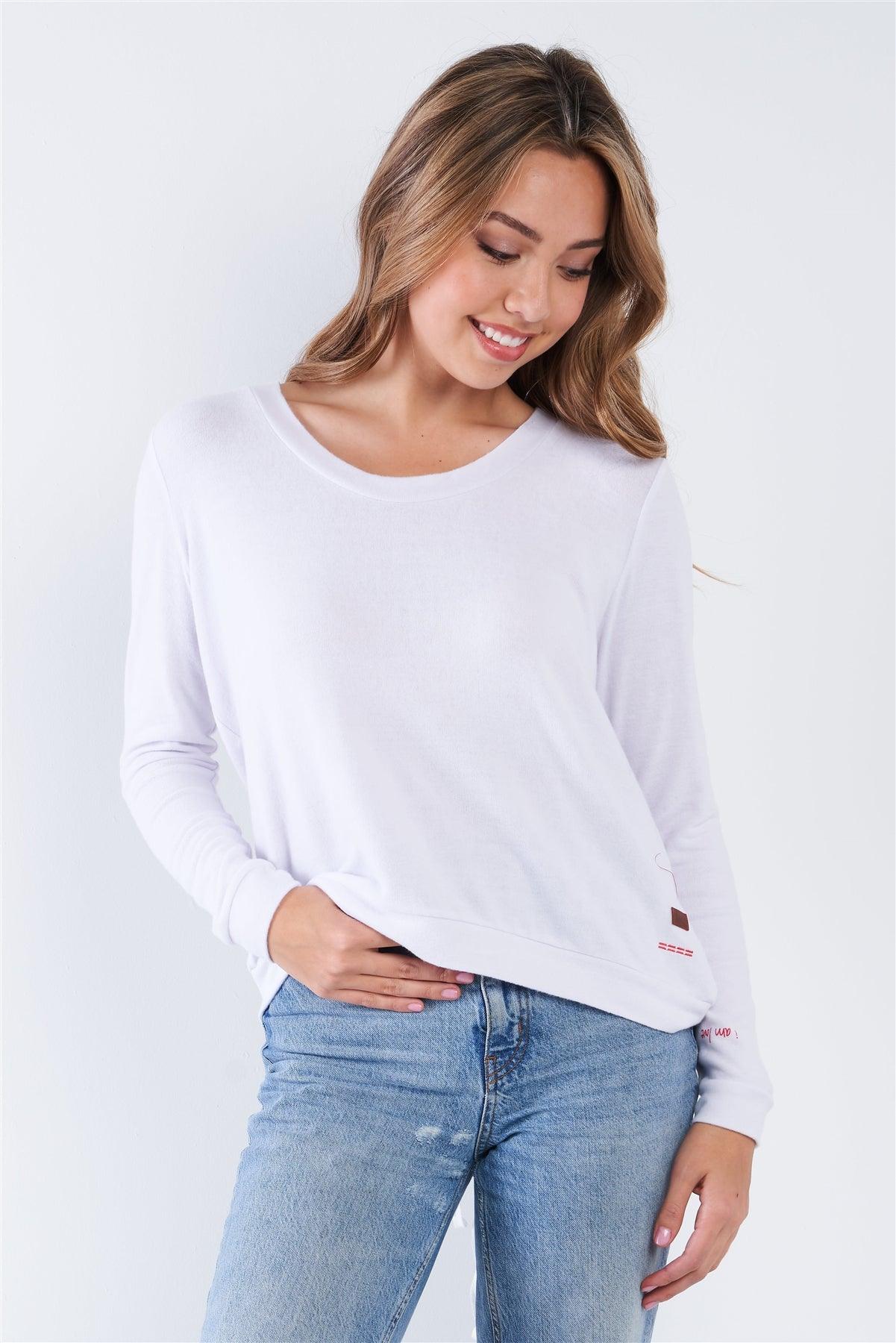 White Long Sleeve Scoop Neck Lace Up Back Top