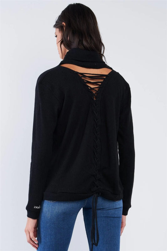 Black Long Sleeve Cut Out Lace Up Tie Back Detail Turtleneck Top /2-4 - Tasha Apparel Wholesale