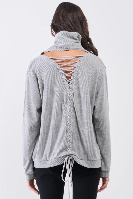 Heather Grey Long Sleeve Cut Out Lace Up Tie Back Detail Turtleneck Top - Tasha Apparel Wholesale