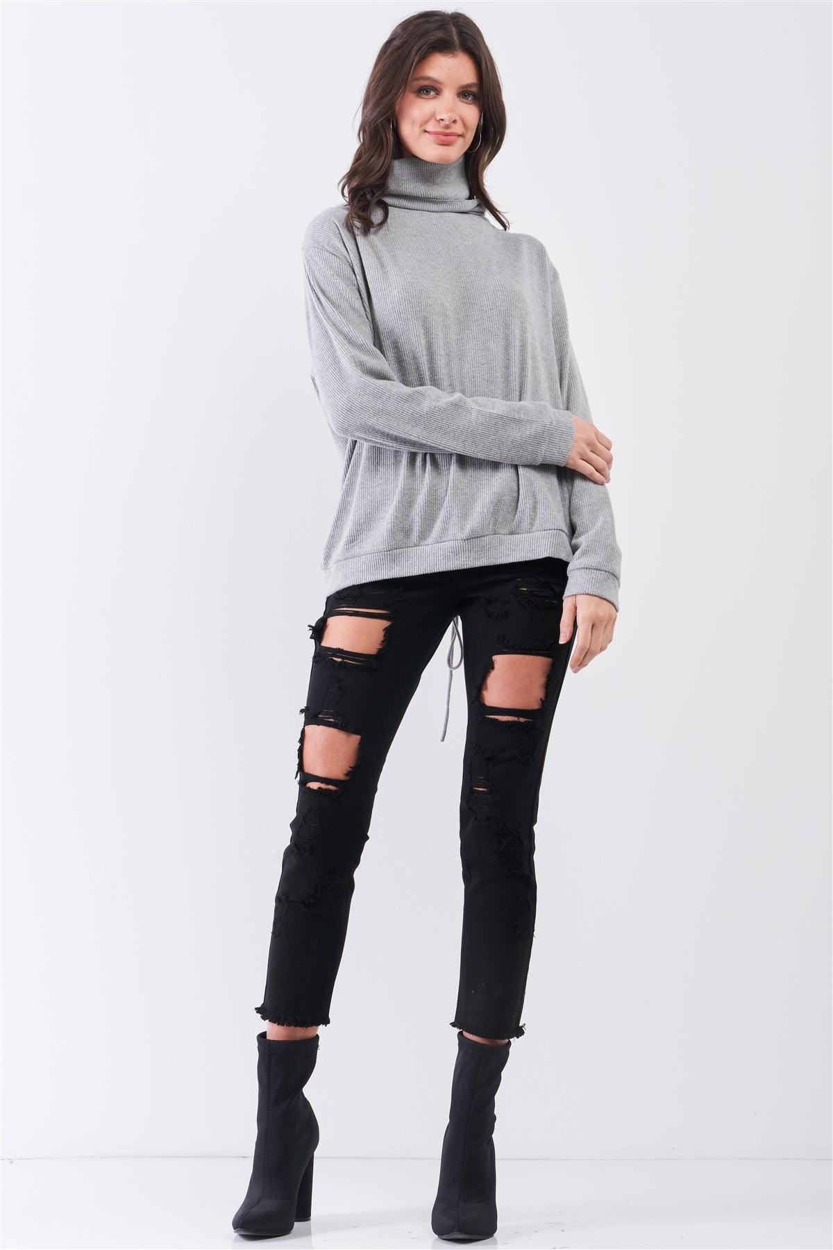 Heather Grey Long Sleeve Cut Out Lace Up Tie Back Detail Turtleneck Top