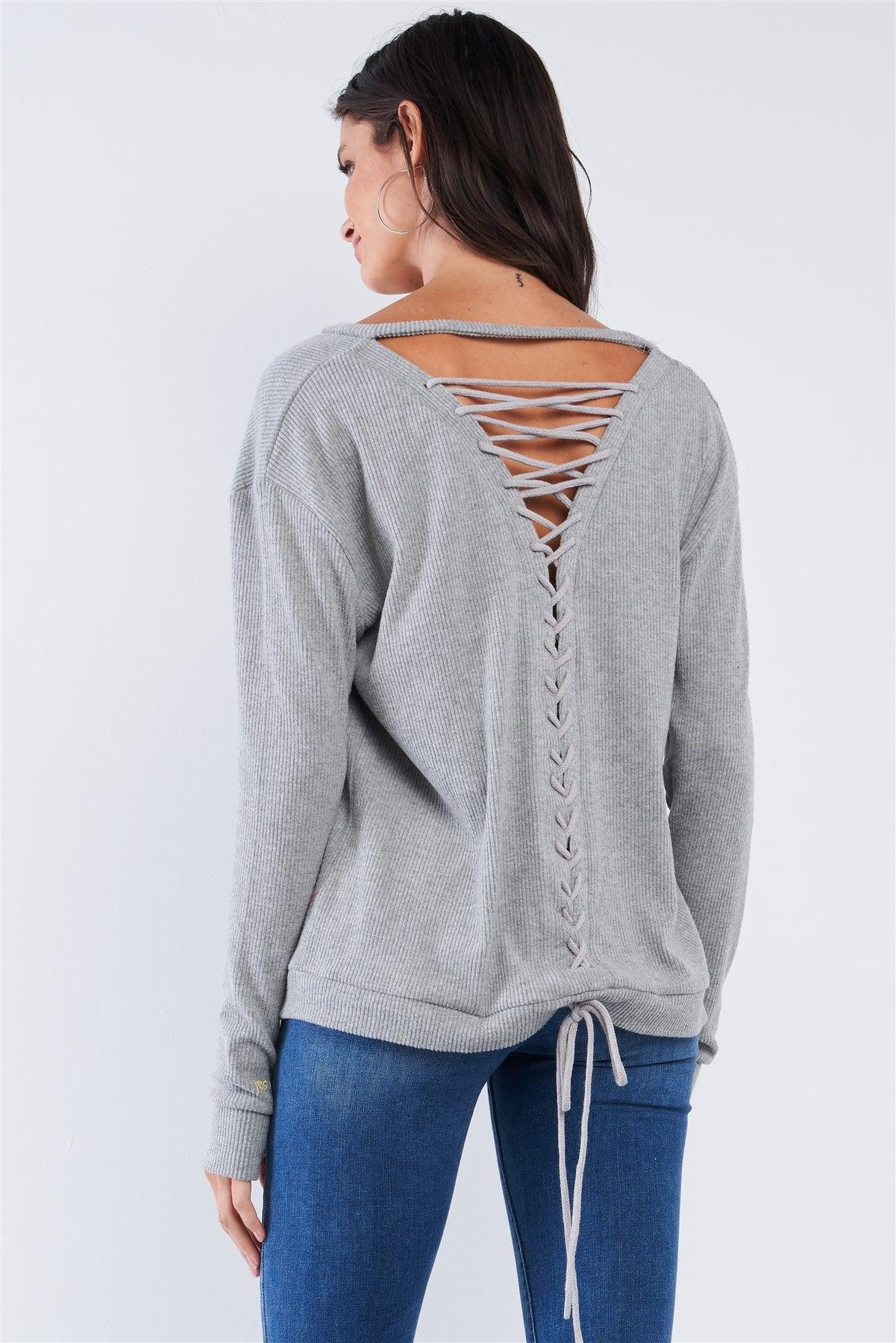 Heather Grey Long Sleeve V-Neck Ribbed Knit Lace Up Tie Back Detail Top /3-2