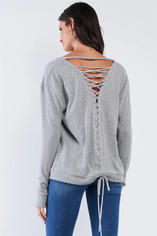 Heather Grey Long Sleeve V-Neck Ribbed Knit Lace Up Tie Back Detail Top /3-2 - Tasha Apparel Wholesale