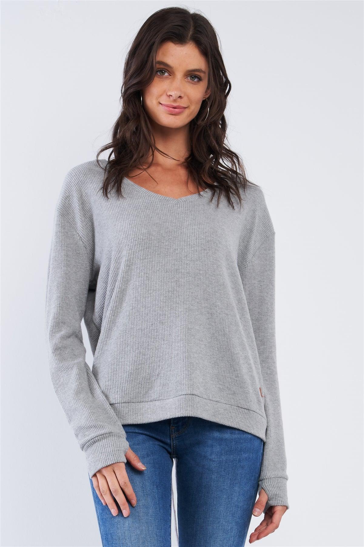 Heather Grey Long Sleeve V-Neck Ribbed Knit Lace Up Tie Back Detail Top /3-2