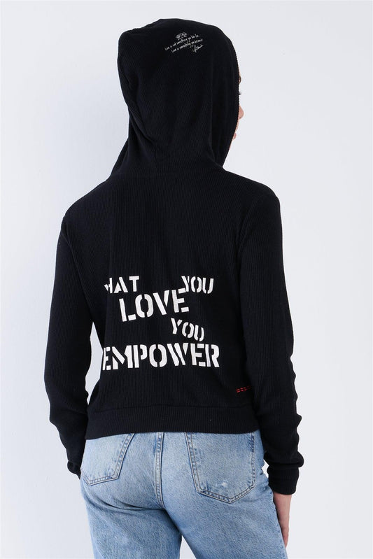 Black Ribbed Knit "What You Love You Empower" Graphic Zip Up Hoodie - Tasha Apparel Wholesale