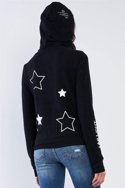Black Star Embroidered "I Am Light" Graphic Zip Up Hoodie /1-2-2-1 - Tasha Apparel Wholesale