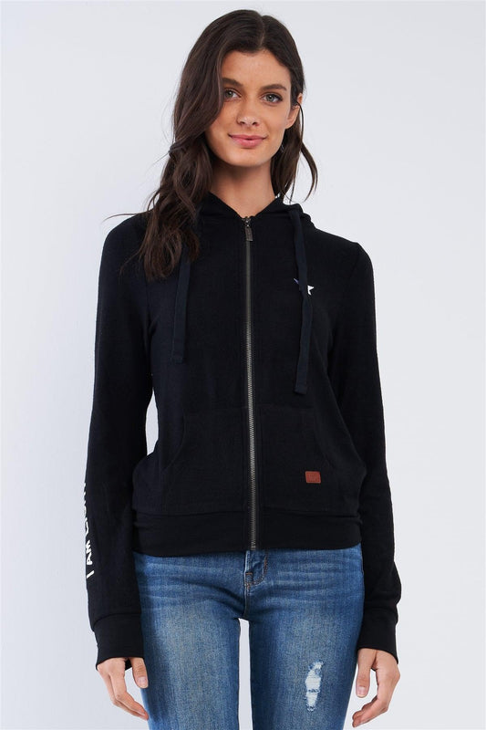 Black Star Embroidered "I Am Light" Graphic Zip Up Hoodie /3-3-1 - Tasha Apparel Wholesale