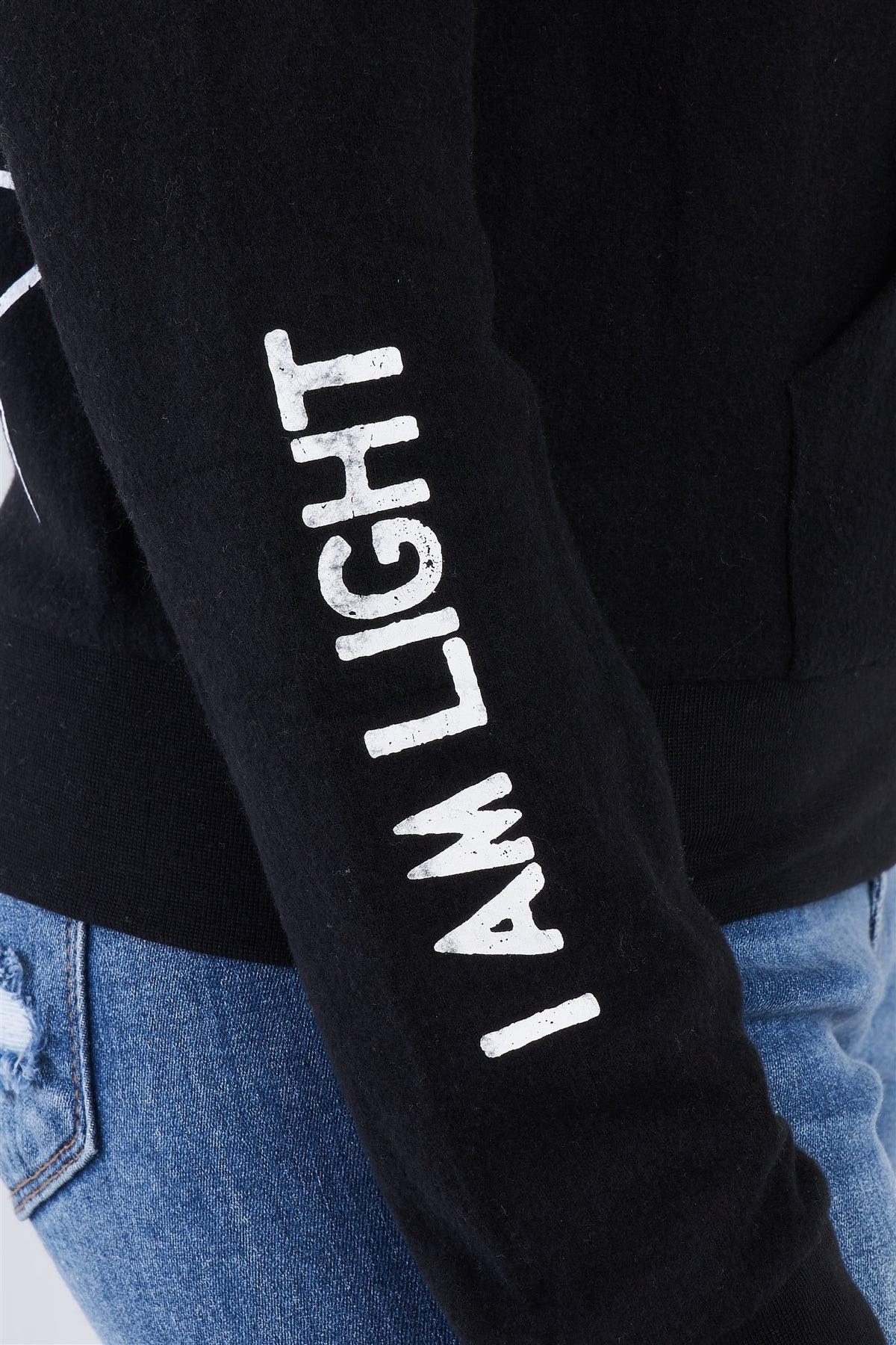 Black Star Embroidered "I Am Light" Graphic Zip Up Hoodie /3-3-1 - Tasha Apparel Wholesale