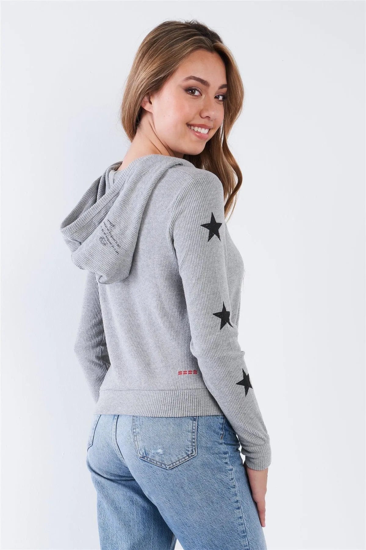 Heather Grey Ribbed Knit Star Long Sleeve Zip Up Hoodie - Tasha Apparel Wholesale