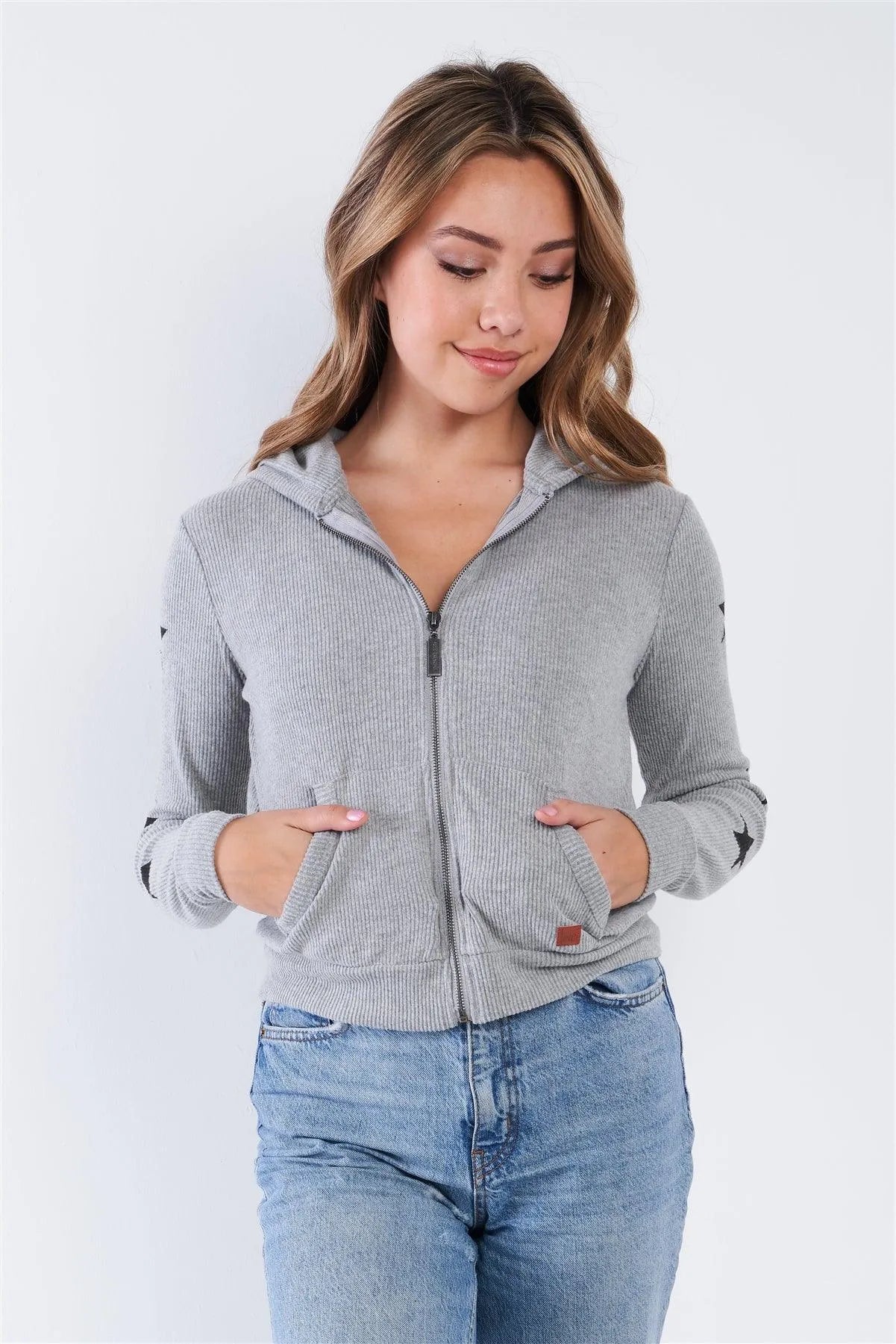Heather Grey Ribbed Knit Star Long Sleeve Zip Up Hoodie - Tasha Apparel Wholesale