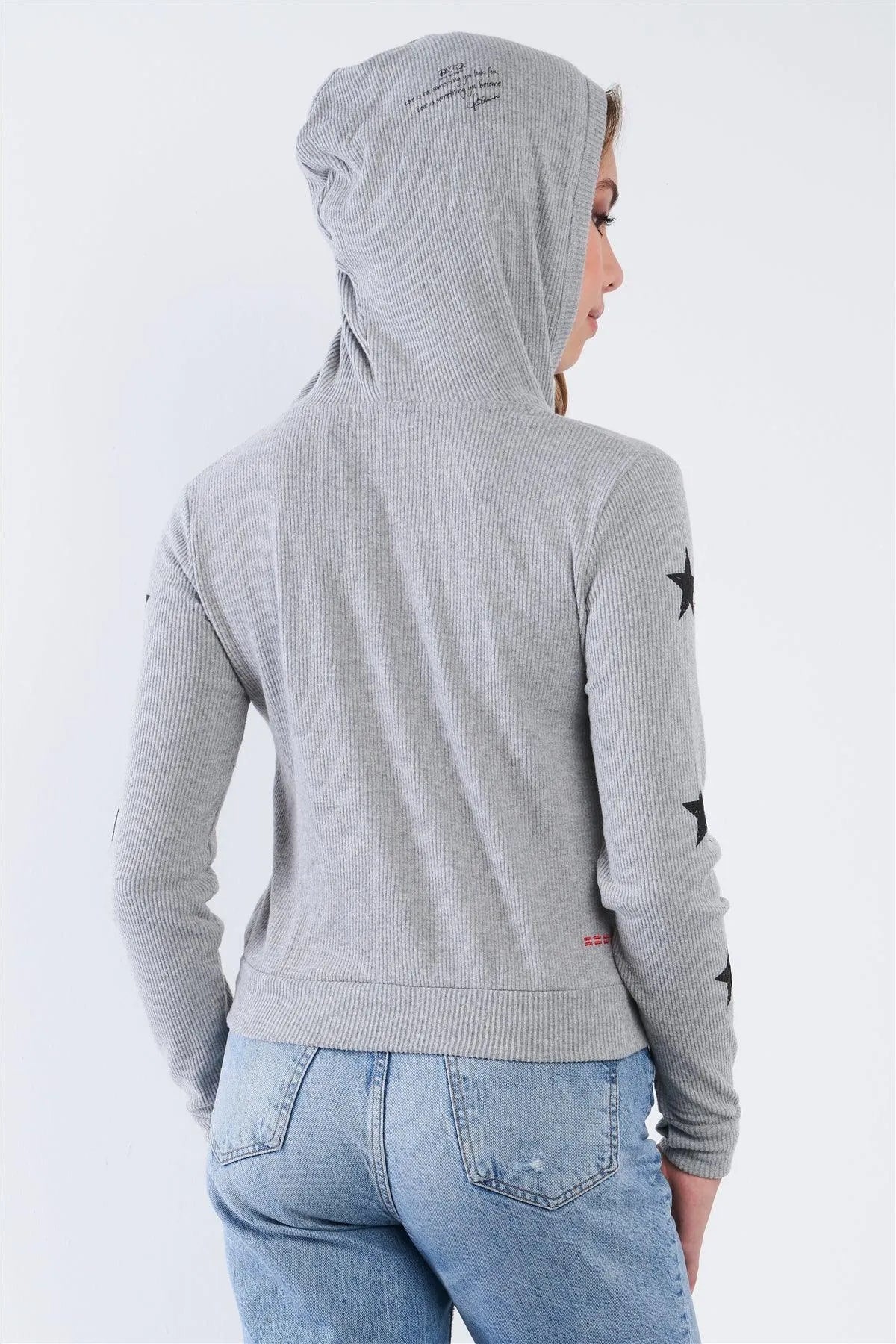 Heather Grey Ribbed Knit Star Long Sleeve Zip Up Hoodie - Tasha Apparel Wholesale