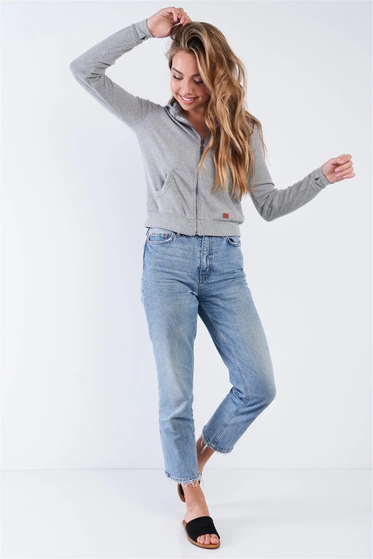 Heather Grey Ribbed Knit Star Long Sleeve Zip Up Hoodie - Tasha Apparel Wholesale