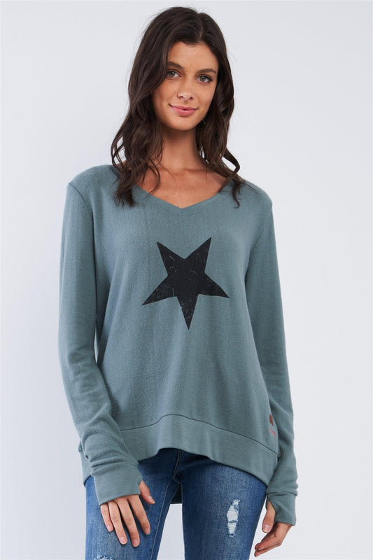Kale Green "Energy Flows Where Your Intentions Are" Star Graphic Long Sleeve V-Neck Top /2-3 - Tasha Apparel Wholesale