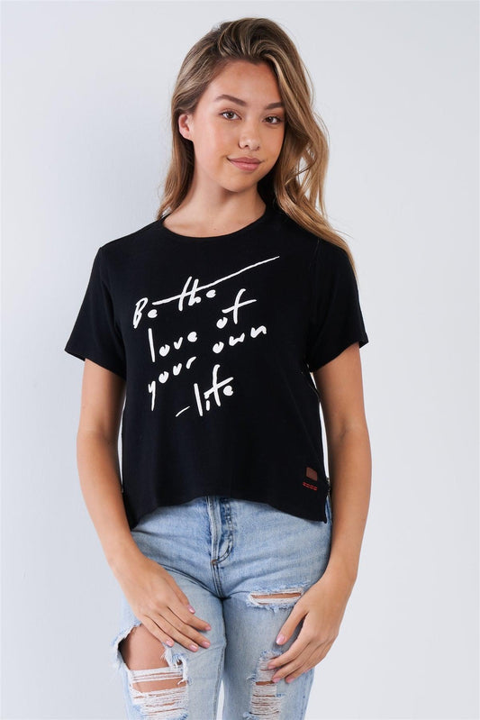 Black Short Sleeve "Love of Your Own Life" Crew Neck Side Zipper Hi-Lo Hem Top - Tasha Apparel Wholesale