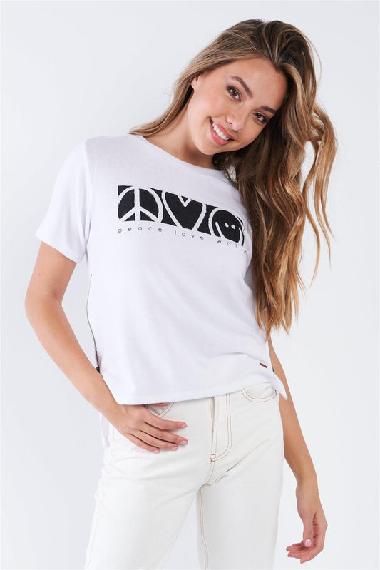 White Short Sleeve "Peace Love World" Graphic Crew Neck Side Zipper Top - Tasha Apparel Wholesale