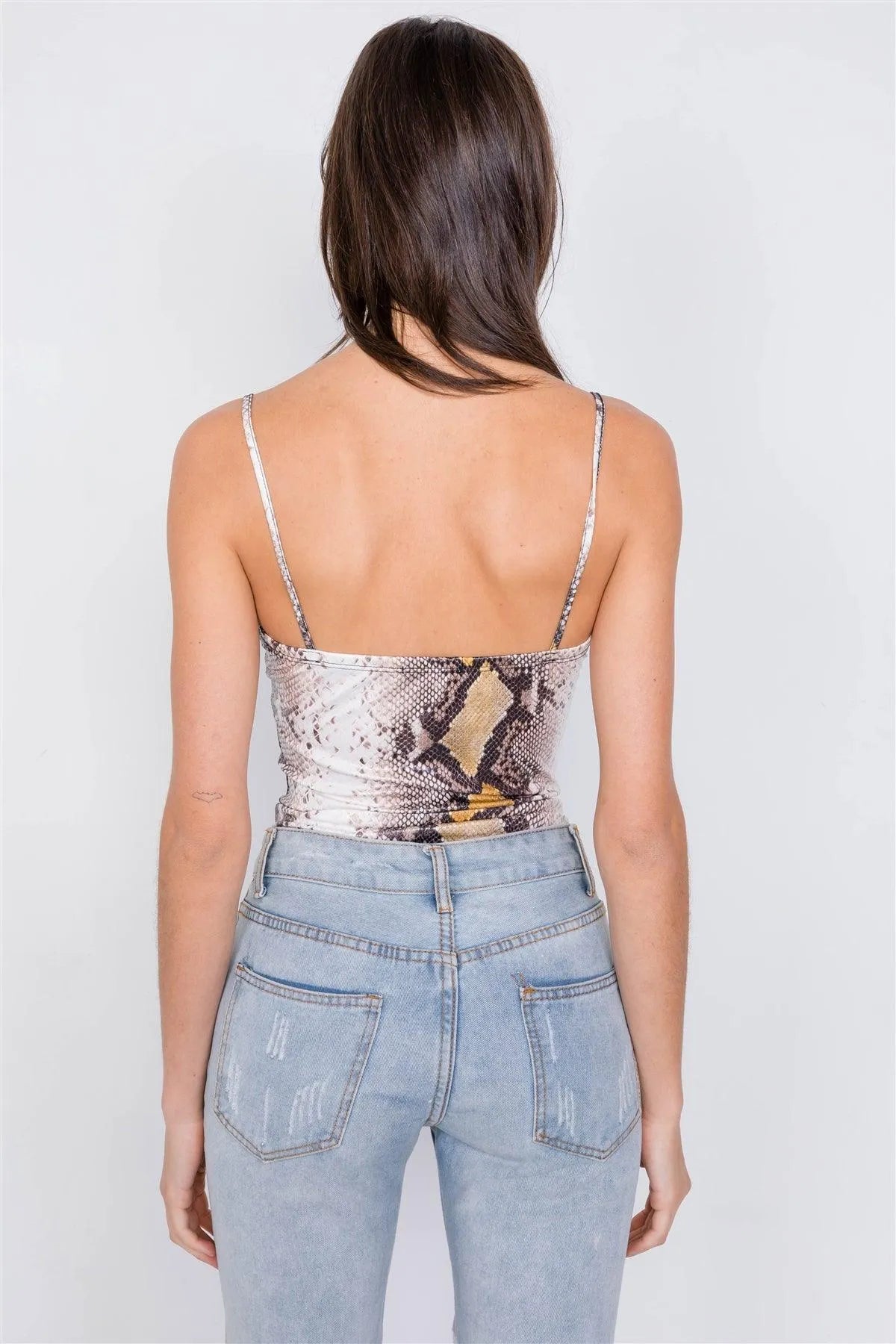 Brown Snake Print Lace V-Neck Combo Bodysuit /1-3-2-1-1 - Tasha Apparel Wholesale