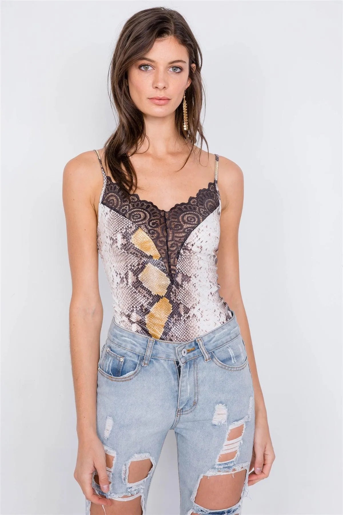 Brown Snake Print Lace V-Neck Combo Bodysuit /1-3-2-1-1 - Tasha Apparel Wholesale