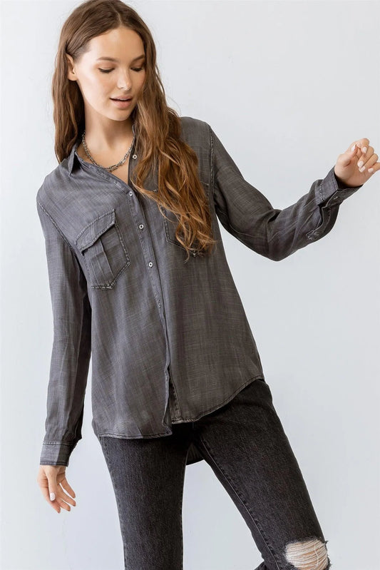 Black Button-Up Collared Neck Two Pocket Shirt Top /1-2-2-1 - Tasha Apparel Wholesale