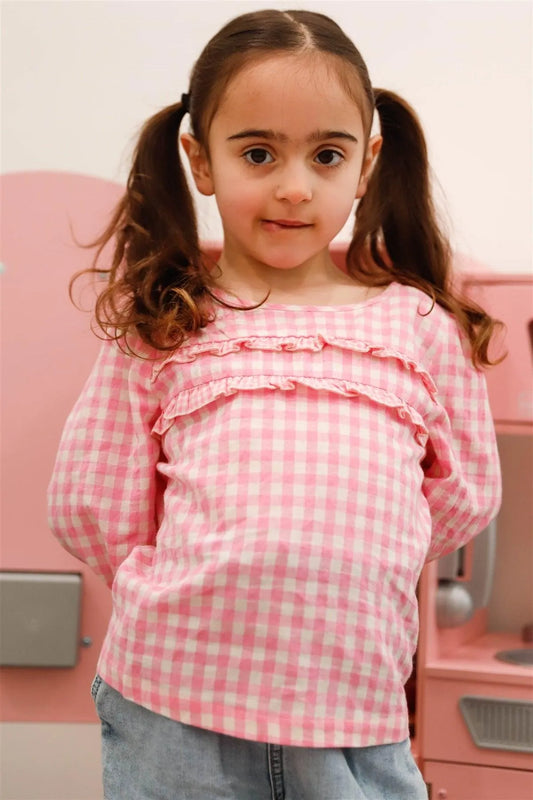 Little Toddler Girls Pink Plaid Ruffle Detail Balloon Sleeve Top - Tasha Apparel Wholesale