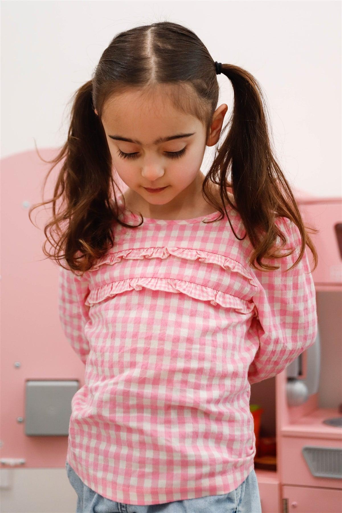 Toddler Girls Pink Plaid Ruffle Detail Balloon Sleeve Top /2-2-2-2