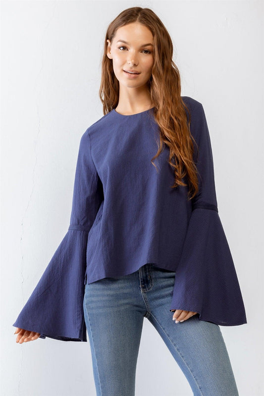 Navy Cotton Waffle Knit Back Button-Up Bell Long Sleeve Top /1-2-2-1
