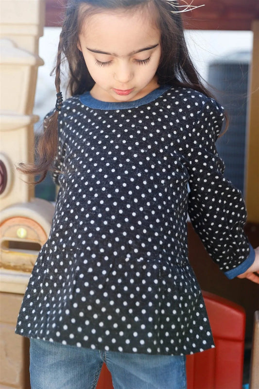 Little Girls Black Flannel Polka Dot Denim Trim Back Self-Tie Detail Top - Tasha Apparel Wholesale