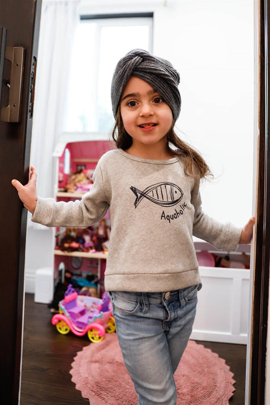 Toddler Little Girls Heather Grey "Aquaholic" Print Contrast Back Sweater - Tasha Apparel Wholesale