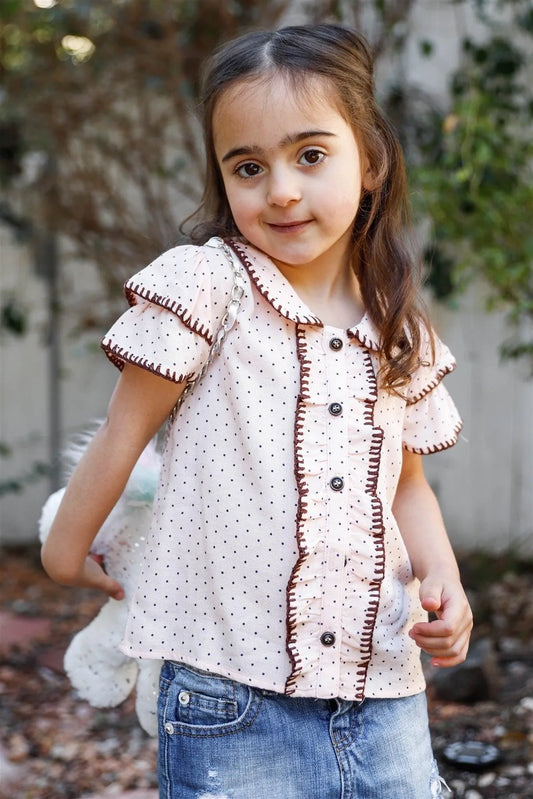 Toddler Girls Baby Pink Polka Dot Ruffle Details Stitch Trim Blouse Top /3-3-3 - Tasha Apparel Wholesale
