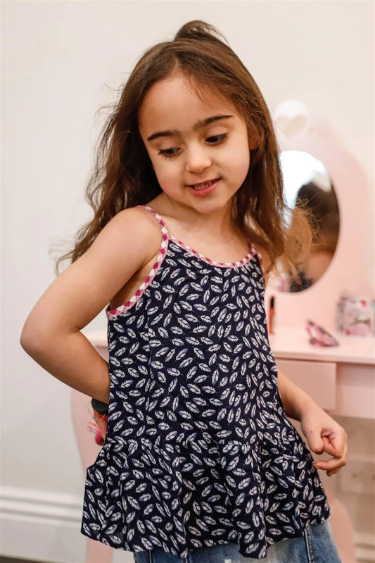 Toddler Girls Navy Feather Print Contrast Trim Sleeveless Top /2-2-3 - Tasha Apparel Wholesale