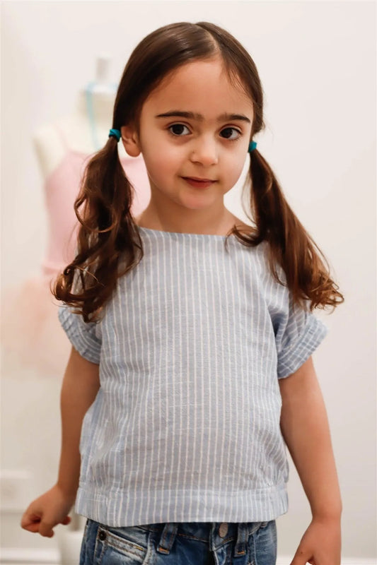 Toddler Girls Light Blue Striped Short Sleeve Top /2-1-2 - Tasha Apparel Wholesale