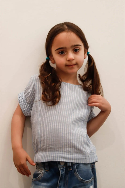 Toddler Girls Light Blue Striped Short Sleeve Top /2-1-3 - Tasha Apparel Wholesale