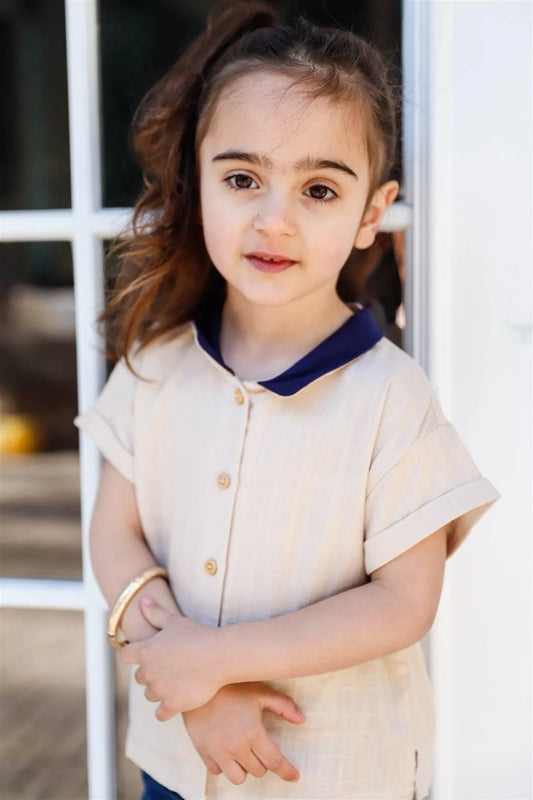 Toddler Little Girls Bone Textured Contrast Color Shirt Top - Tasha Apparel Wholesale