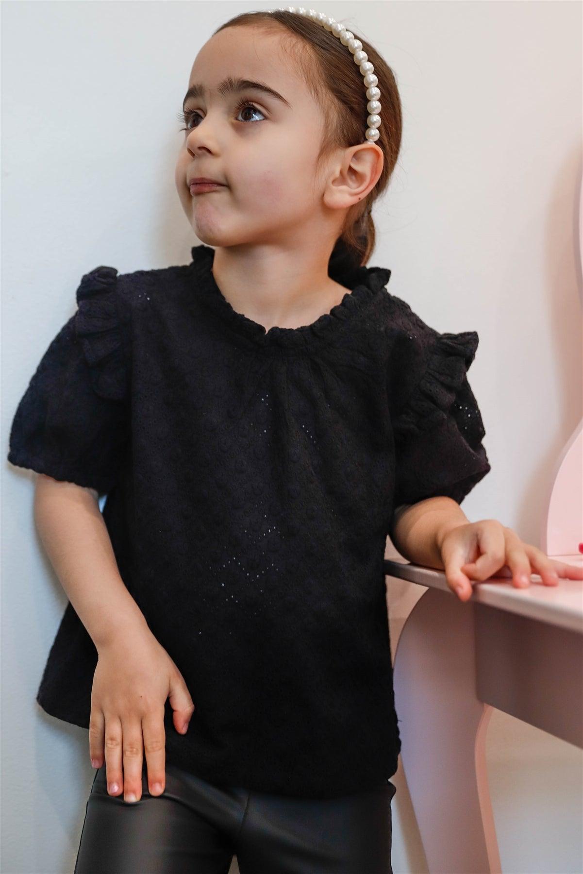 Toddler Girls Black Cotton Embroidered Ruffle Trim Top /1-1-1-1