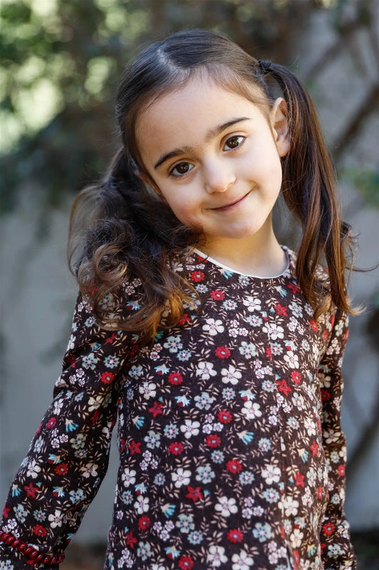 Little Girls Mocha Floral Print Front Slit Hem Detail Long Sleeve Top - Tasha Apparel Wholesale