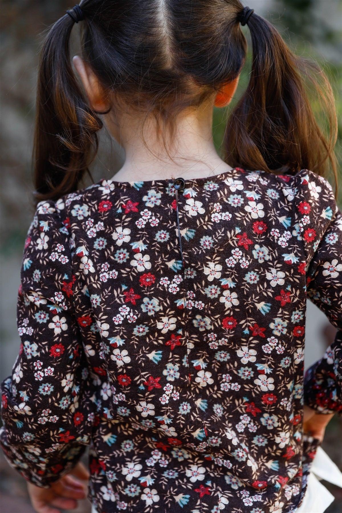 Toddler Girls Mocha Floral Print Front Slit Hem Detail Long Sleeve Top /1-2-2-1