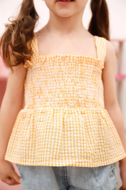 Toddler Girls Orange Plaid Smocked Flare Hem Sleeveless Top /1-1-1-1 - Tasha Apparel Wholesale