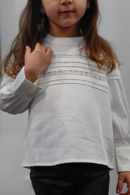 Toddler Girls White Embroidery & Stitch Detail Mock Neck Top /1-2-2-1 - Tasha Apparel Wholesale