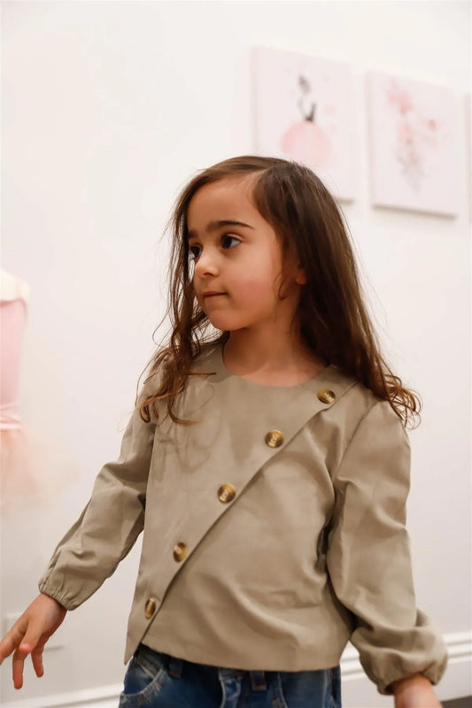 Toddler Girls Khaki Suede Effect Front Button Up Detail Top /1-1-2 - Tasha Apparel Wholesale