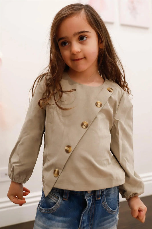 Toddler Girls Khaki Suede Effect Front Button Up Detail Top /1-2-2-1 - Tasha Apparel Wholesale