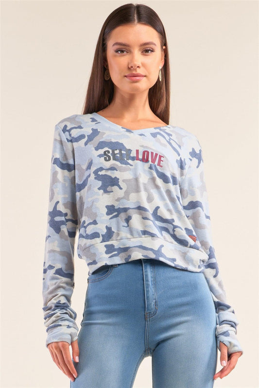 Camo Blue Long Sleeve V-Neck "Self Love" Comfy Top /3-4 - Tasha Apparel Wholesale