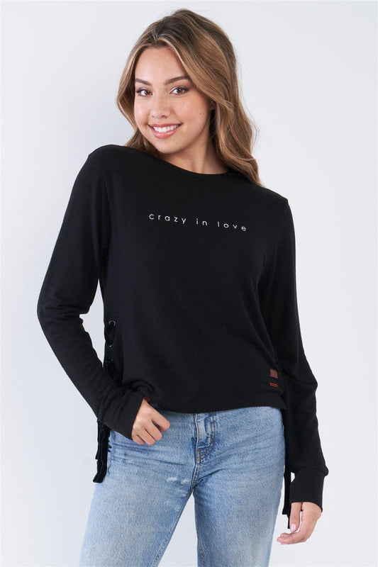 Black Long Sleeve "Crazy In Love" Graphic Crew Neck Side Lace Up Top - Tasha Apparel Wholesale