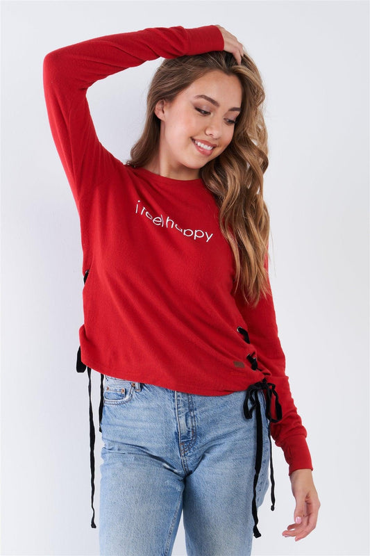 Barbados "I Feel Happy" Crew Neck Side Lace Up Top - Tasha Apparel Wholesale