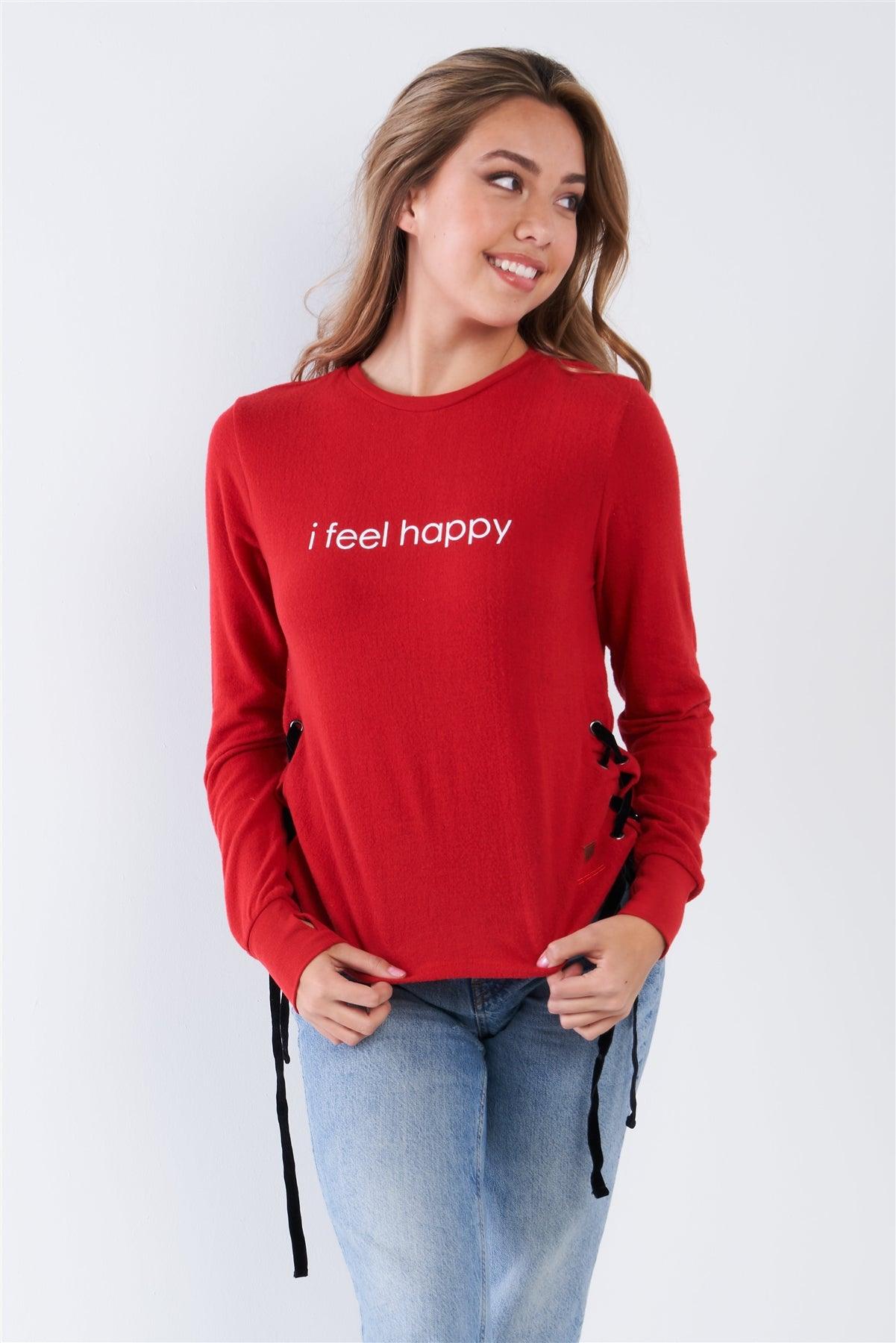 Barbados Long Sleeve "I Feel Happy" Crew Neck Side Lace Up Top