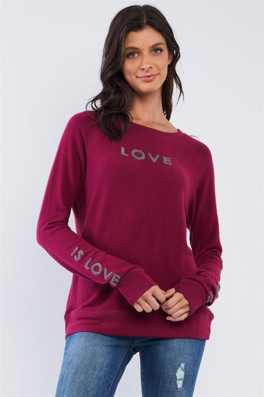 Plum Red Long Sleeve "Love is Love" Graphic Crew Neck Printed Top /2-2 - Tasha Apparel Wholesale