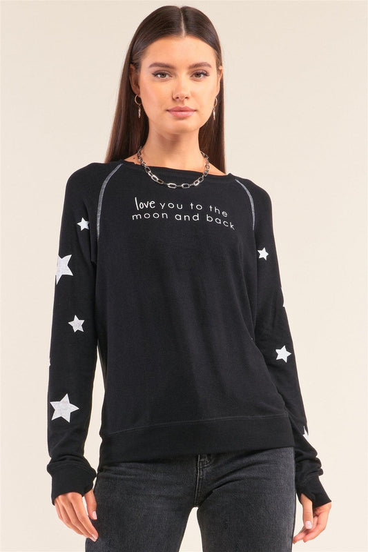 Black Long Sleeve "Love You To The Moon And Back" Graphic Crew Neck Top /3-3 - Tasha Apparel Wholesale